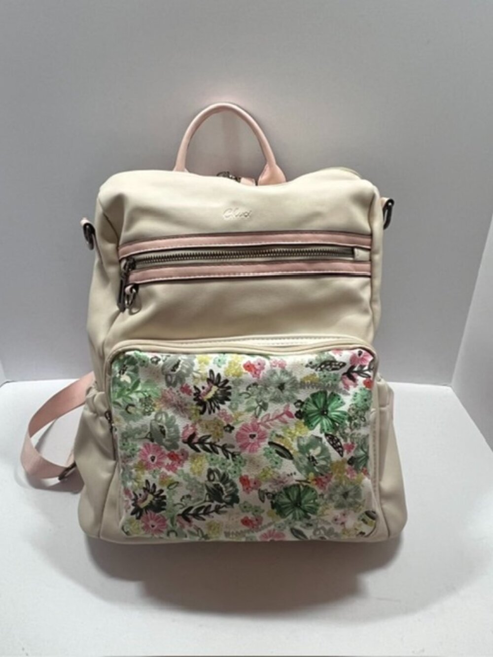 Cluci Cream/Pink w/Floral Front-Pocket Vegan Leather Backpack EUC